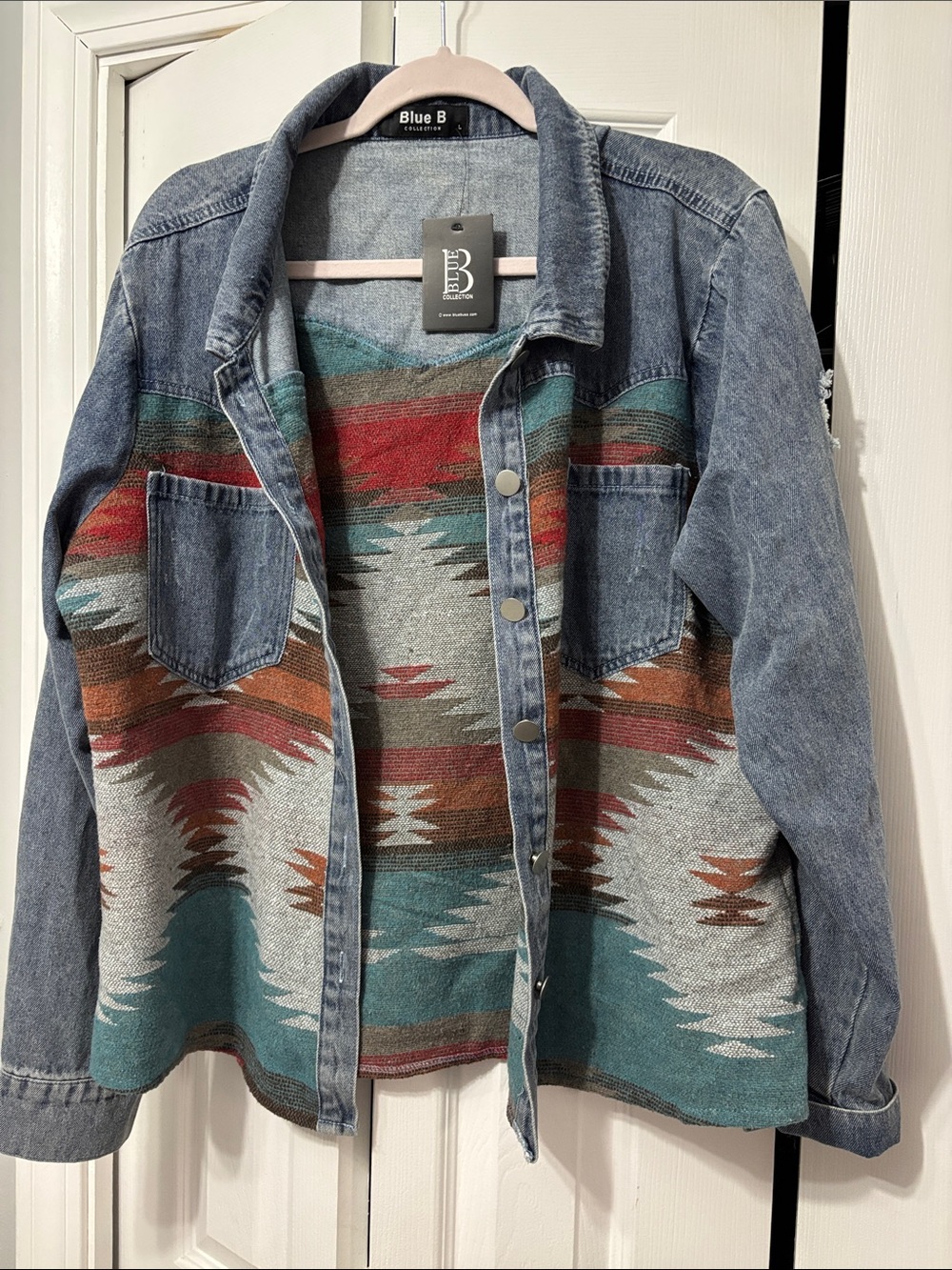 Women's Denim Jacket with Multicolor Aztec Panel size Large